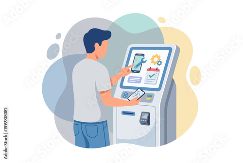Man Using Modern Self Service Kiosk for Digital Transactions