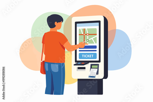 Man Using Modern Self Service Ticket Kiosk Terminal
