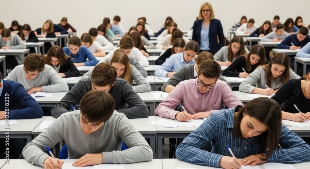 Obraz premium Students Taking an Exam in a Brightly Lit Classroom with a Teacher