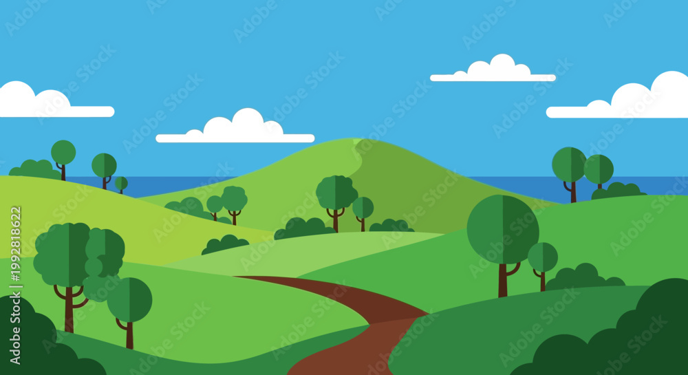 Fototapeta premium Vibrant Green Rolling Hills Landscape with Winding Path and Blue Sky