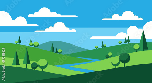 Vibrant Green Rolling Hills Landscape with Winding River and Fluffy Clouds