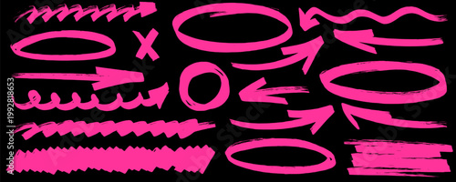 Natural hand-drawn line, highlight reappears, marker marks twice, arrow points forward while pen and underline build the stroke.