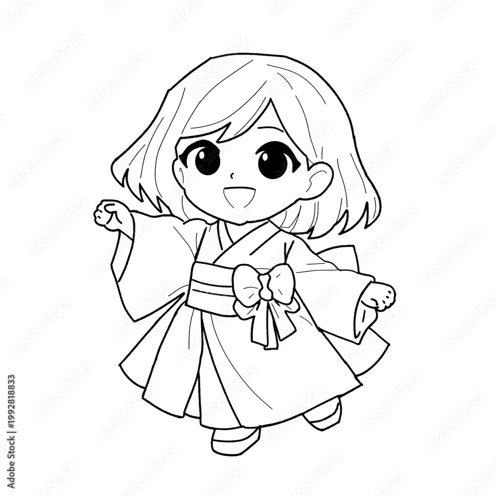 Fototapeta premium chibi-kimono-girl-line-art-pose-06-playful-side-pose