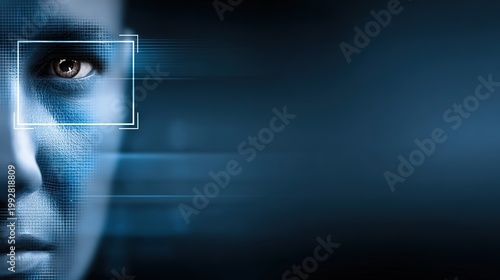 Biometric Recognition: A close-up view of an eye framed by a digital recognition grid, set against a dark blue background, symbolizing the integration of advanced technology and human identity.