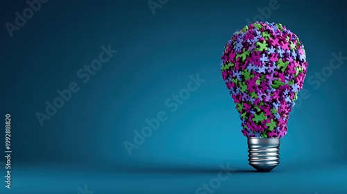 Creative Spark: A vivid illustration of an illuminated light bulb, meticulously crafted from vibrant puzzle pieces, symbolizing innovative thoughts and bright concepts.