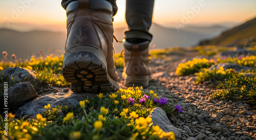 Hiking boots, walking on trail, mountain landscape, sunny outdoors