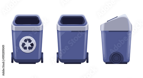 Three identical blue recycling bins with grey lids and wheels are presented from various angles with one featuring a recycling symbol on a white background.