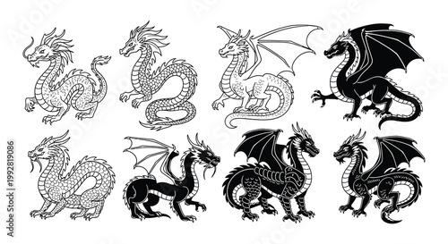 Collection of detailed black and white dragon illustrations in various poses