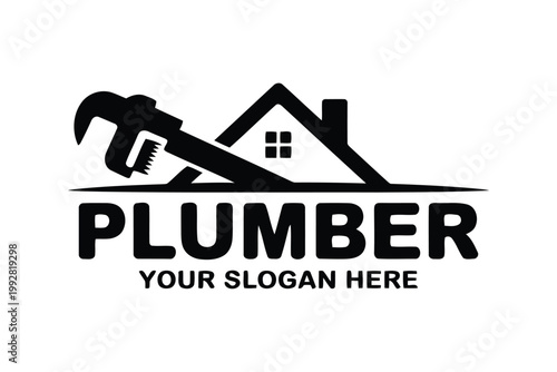 Plumber logo with house and pipe wrench on transparent background.