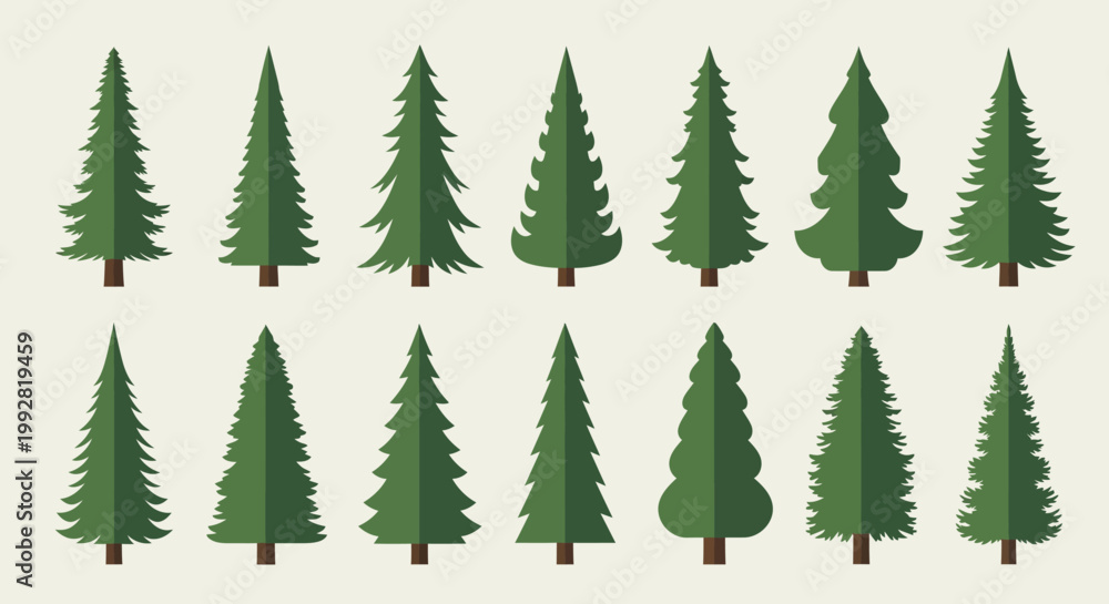Obraz premium Collection of Flat Design Christmas Trees, Evergreen Fir Conifers, Winter Forest Elements