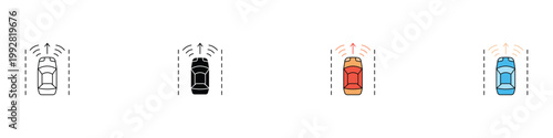 Lane assist and autonomous driving system icon set. Smart car navigation and lane departure warning symbols. Vector illustrations of vehicle sensor technology for automotive safety concept.