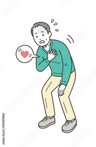 動悸がして苦しそうに胸を押さえる中年男性
