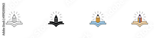 Creative writing and education icon set. Pencil rising from open book with rays symbols. Vector illustrations of storytelling, academic learning, and content creation for school and literature concept