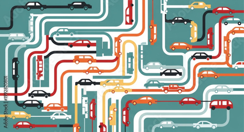 Abstract illustration of cars in traffic jam on winding roads.