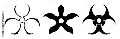 Biohazard symbol set with black silhouette against white background featuring hazardous marker, contamination indicator, warning emblem with medical and chemical safety