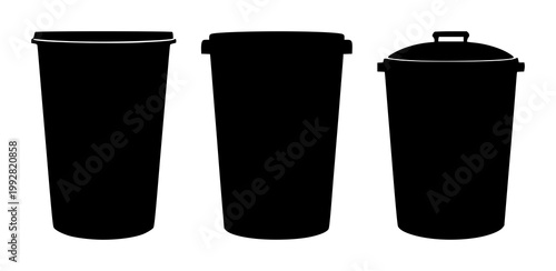Trash can set with a black silhouette on white background featuring trash symbol, waste symbol, recycling icon with environment and sustainability