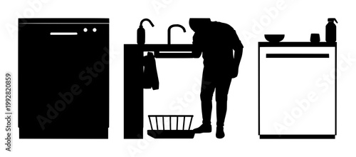 Dishwasher set with black silhouette and white background featuring kitchen appliance, home appliance, utility with modern style and minimalism