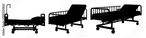 Hospital bed set with black silhouette on pristine white background exhibiting clinical environment featuring hospital, bed, silhouette with medical and healthcare