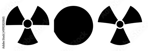 Black silhouette, white background: radioactive symbol set with simple line art design featuring outline, illustration, graphic elements with clean design and vector art