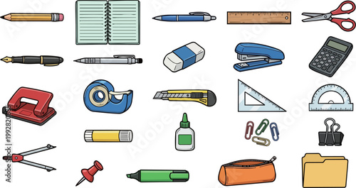 文房具と事務用品のイラストセット