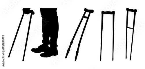 Crutches set with contrasting black silhouette against white background featuring medical assistive devices, mobility aids, orthopedic equipment with healthcare and rehabilitation