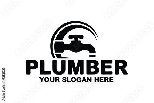 Professional plumber services logo with water tap icon and typography.