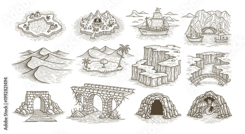 Tropical Island Scene and Classic Stone Bridges and Caves