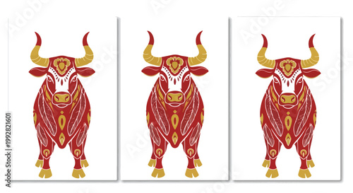 Trio of identical red and gold vector bull illustrations side by side