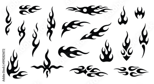 Abstract flame design collection, tribal style vector graphics, bold fire shapes with smooth curves and sharp edges, isolated on white background for custom artwork, logos, and modern graphic design.