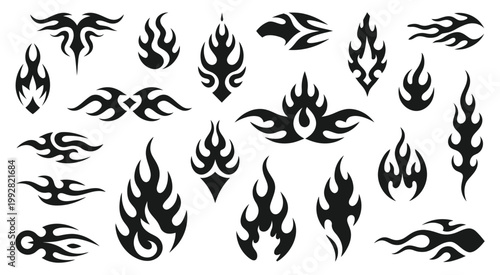 Abstract flame design collection, tribal style vector graphics, bold fire shapes with smooth curves and sharp edges, isolated on white background for custom artwork, logos, and modern graphic design.