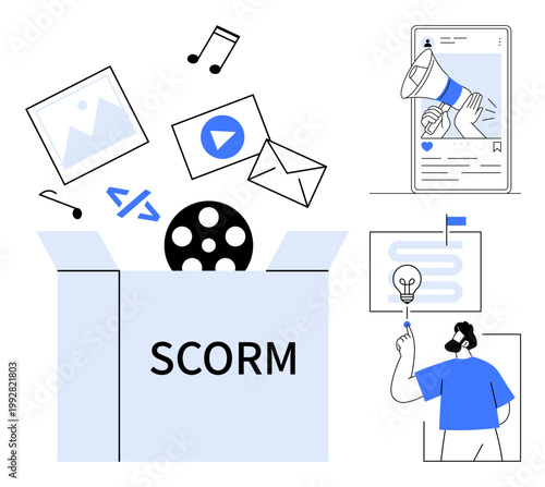 E-learning, online education, instructional design, content development, digital tools, knowledge sharing, virtual learning. Box with SCORM multimedia content icons. E-learning and online education