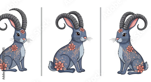 Three identical cartoon goat rabbits with floral designs on their bodies