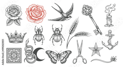 Quadro su tela Assorted Tattoo Style Icons Roses, Crown, Key, Candle, Bird, Scorpion, Scissors,