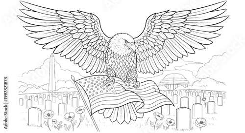 American eagle, patriotic illustration, USA flag, memorial background