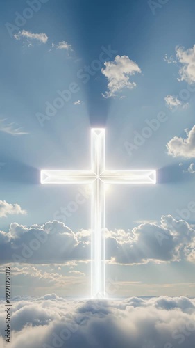 Glowing white cross against blue sky with clouds and divine light, vertical shot