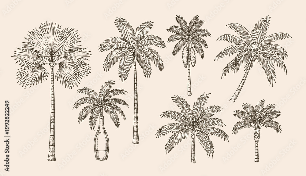 Naklejka premium Palm Trees Collection in Sketch Style for tropical theme
