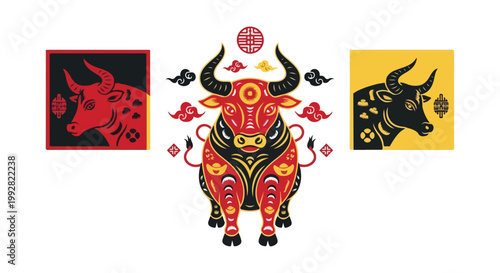 Colorful vector illustration of a bull with decorative elements and symbols