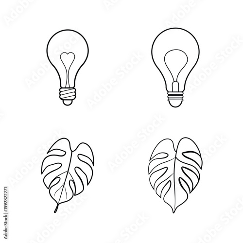 Conceptual light bulb icons with monstera deliciosa leaf outlines in minimalist line style.