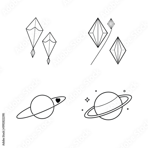 Geometric diamond kites and planet saturn icons with minimal cosmic theme vector designs.