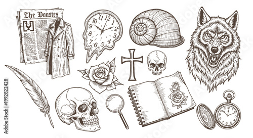 Dark Tattoo Style Mystery Symbols Collection with Skull, Wolf, Cross, Clock, and Notebook