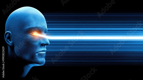 Digital Thought and Vision: A futuristic image of a human head, radiating with glowing eyes and digital energy, symbolizes advanced thought processes and the power of vision.