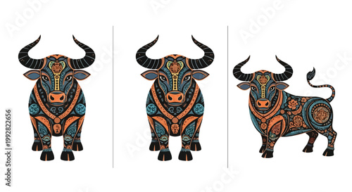 Intricately designed bulls with colorful patterns and ornate details in vector graphic illustration
