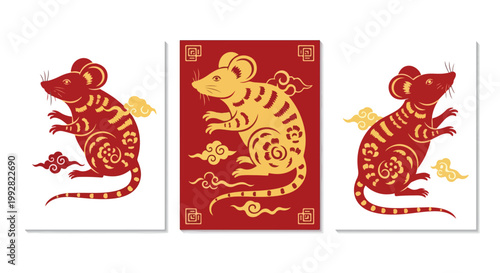 Red and gold vector rat illustrations on white background designs