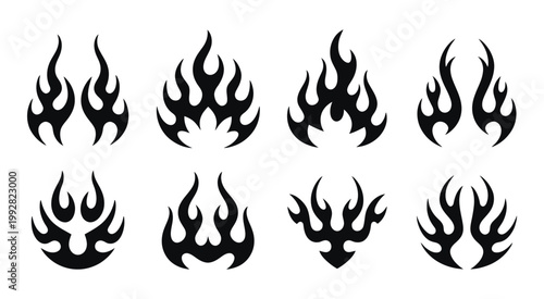 Abstract black flame vector set, tribal style fire elements, clean silhouette shapes with smooth curves and sharp tips, isolated on white background for graphic design, custom artwork, and pattern.