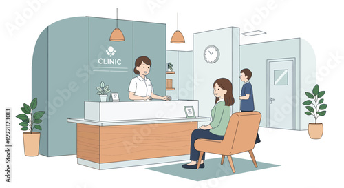Clinic reception desk with staff assisting patient and visitor.
