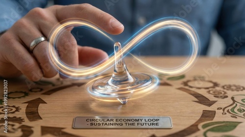 A hand interacting with a glowing infinity symbol above a circular economy wooden desk ornament