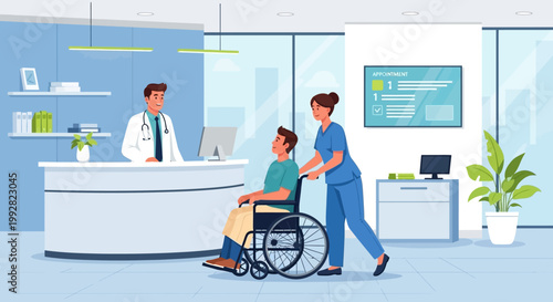 Doctor and nurse assist patient in wheelchair at hospital reception desk
