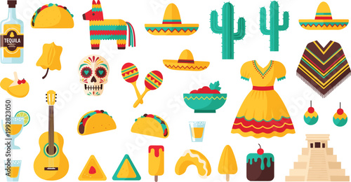 Mexican Culture Icon Set with Traditional Food, Sombrero, Cactus, Guitar, Fiesta Elements and Colorful Folk Symbols for Travel and Design Projects