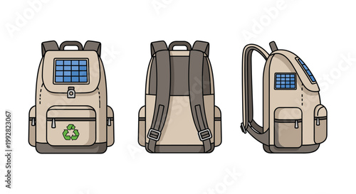 Three illustrations of a beige backpack with a solar panel and a recycling logo are shown from front back and side perspectives on a white background.