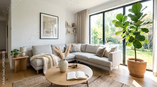 Modern Living Room with Sectional Sofa, Large Window and Fiddle Leaf Fig Plant